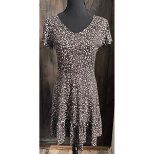 Alredine Ditsy Floral Fancky V-Neck Ruffle Hem Fit & Flare Dress Black XS